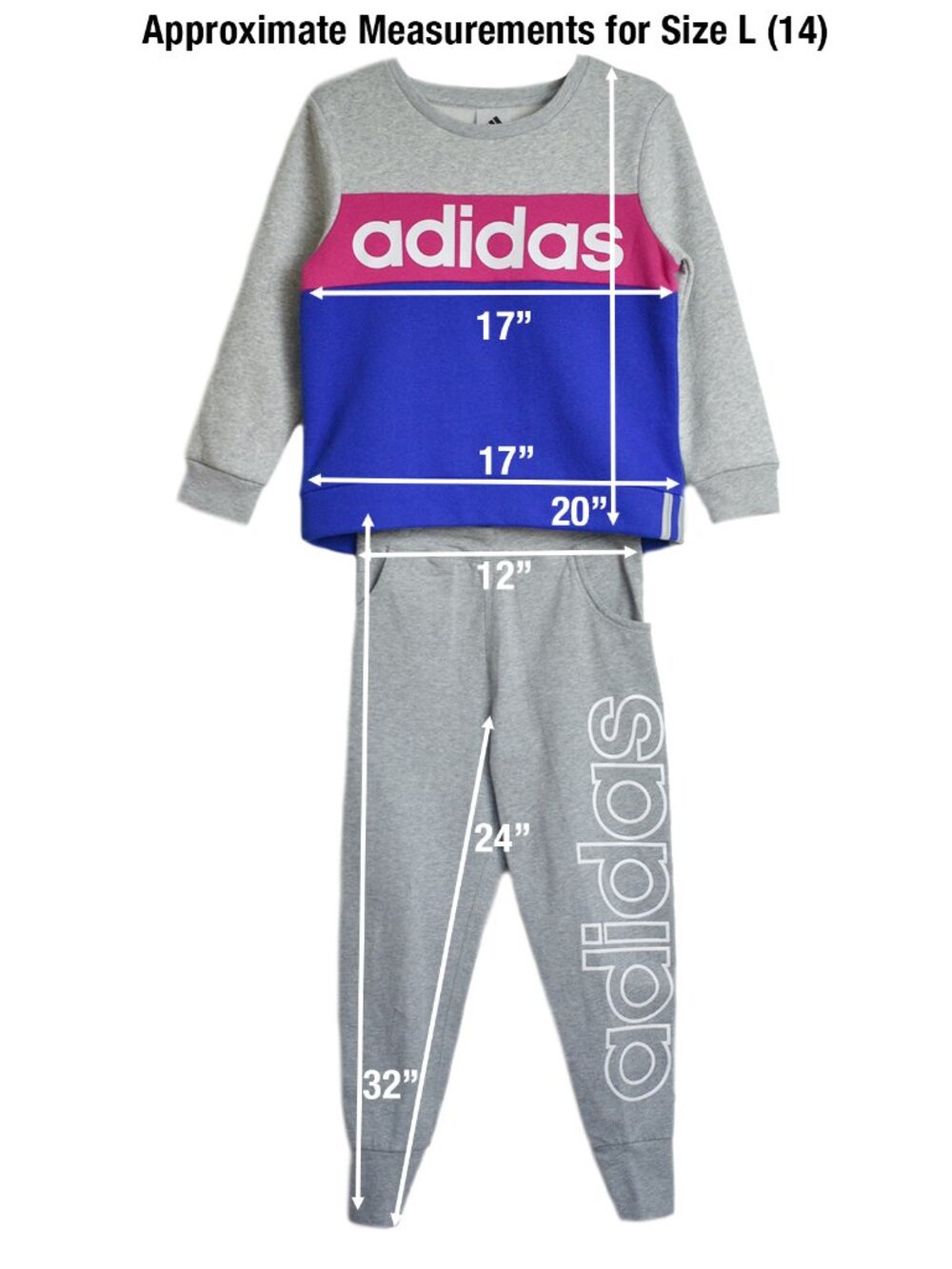 adidas Girls’ 2-Pc Set Fleece Sweatshirt Pullover Logo Sweatpants Heather Size14 - Picture 5 of 5